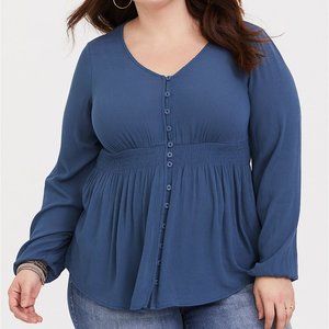 Blue V-Neck Button-Front Women's Top